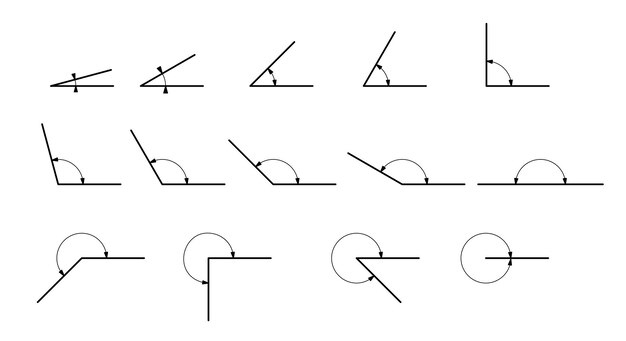 Ángulo de diferentes grados. Conjunto de iconos vectoriales que consta de ángulos de diferentes grados.