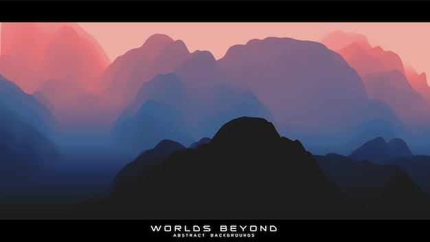 Niebla sobre las montañas. Panorama del paisaje vectorial. Terreno erosionado degradado violeta abstracto. Mundos más allá.