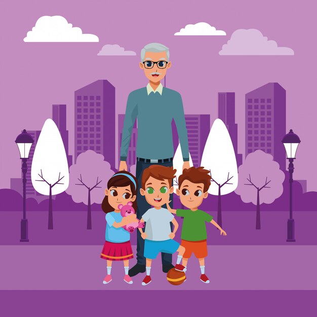 Nietos y abuelo de la mano