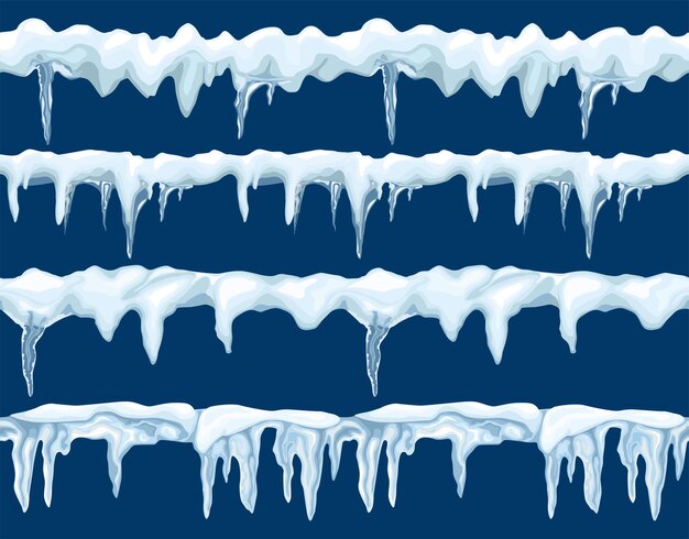 La nieve bordea el patrón sin fisuras con carámbanos colgantes adornados en la ilustración plana de fondo azul