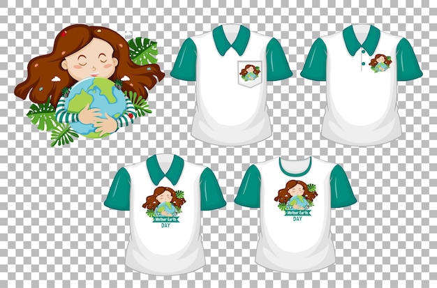 Una niña abraza el logotipo de la tierra y un conjunto de camisa blanca con mangas cortas verdes aisladas sobre fondo transparente