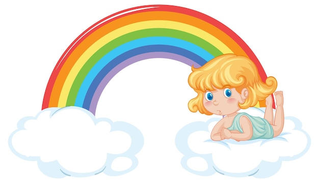 Vector gratuito niña ángel acostada en una nube con arco iris