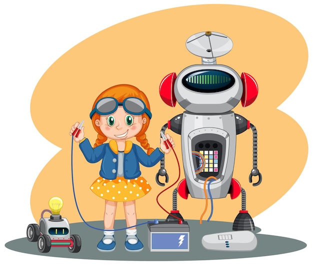 Niña arreglando un robot