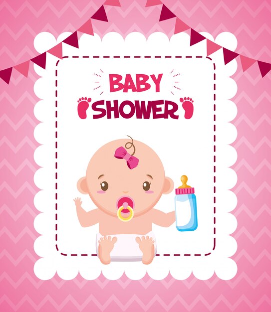 Niña con biberón de leche para tarjeta de baby shower