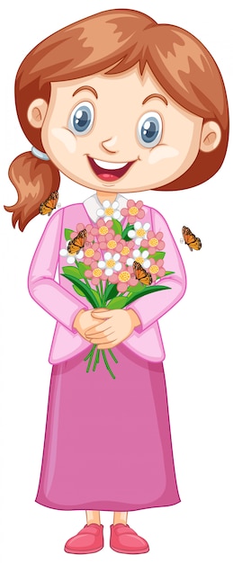 Vector gratuito niña con bonitas flores en blanco