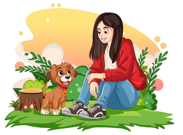 Niña y cachorro en la naturaleza