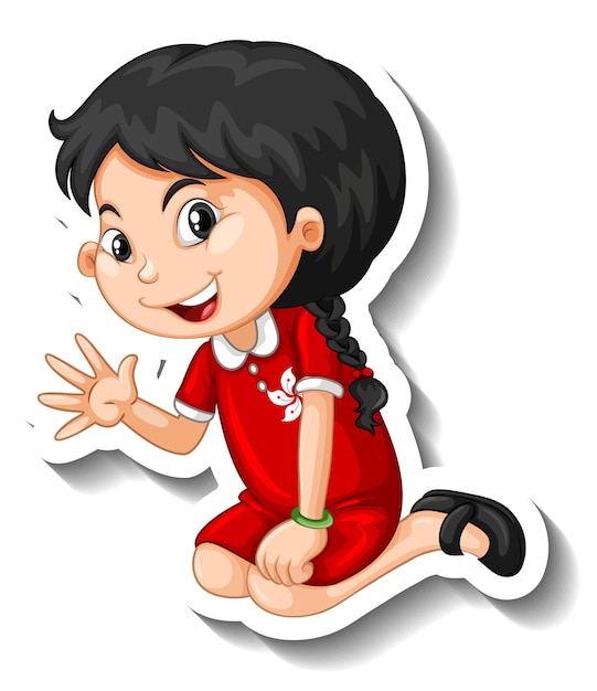 Niña china agitando la mano personaje de dibujos animados