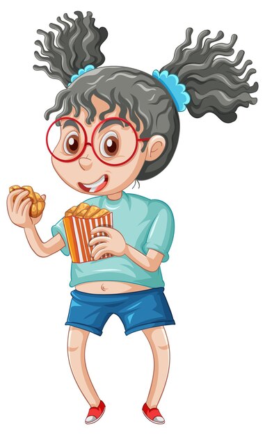 Una niña comiendo comida rápida en un fondo blanco.