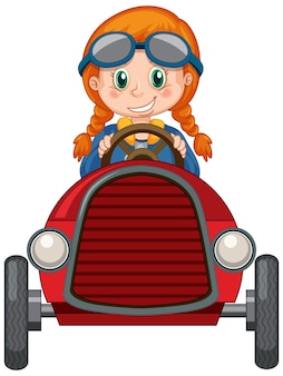 Una niña conduciendo mini coche de juguete sobre fondo blanco.