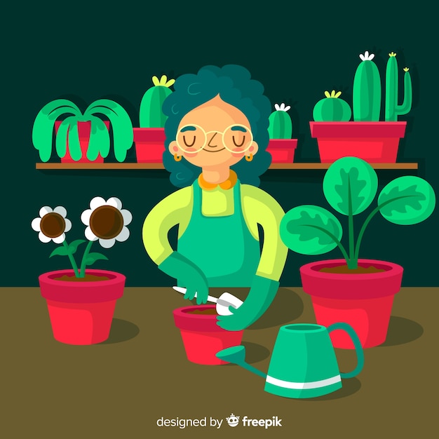 Vector gratuito niña cuidando plantas