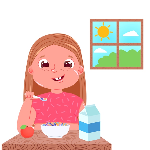 Una niña desayuna en la mañana. Plato dulce copos de maíz de colores con leche.