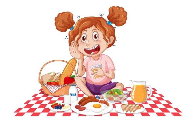 Una niña con dibujos animados de picnic