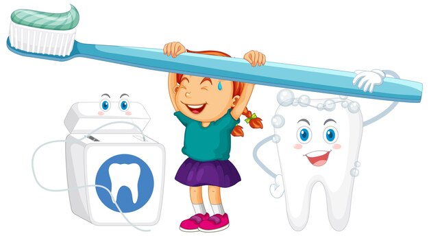 Una niña y un diente grande sosteniendo pasta de dientes con dientes blancos
