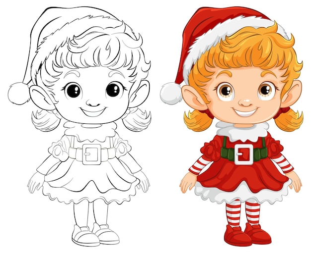 Vector gratuito niña elfa de navidad antes y después de colorear