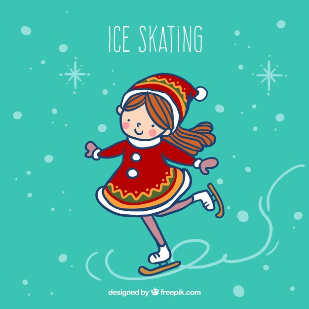 Vector gratuito niña esbozada haciendo patinaje sobre hielo