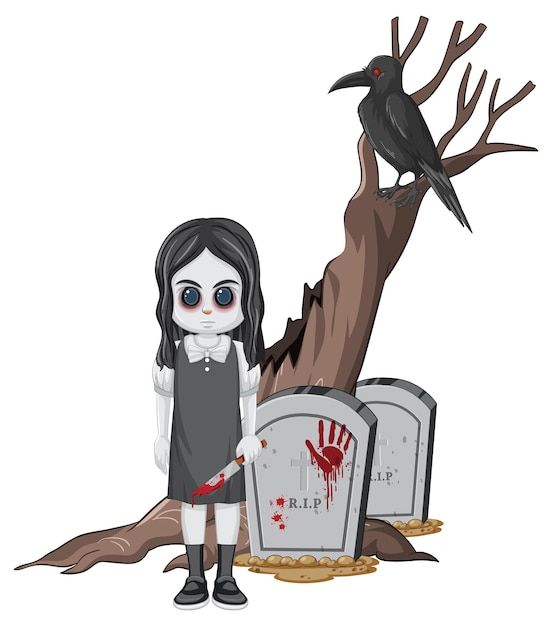 Vector gratuito niña fantasma con lápida y cuervo