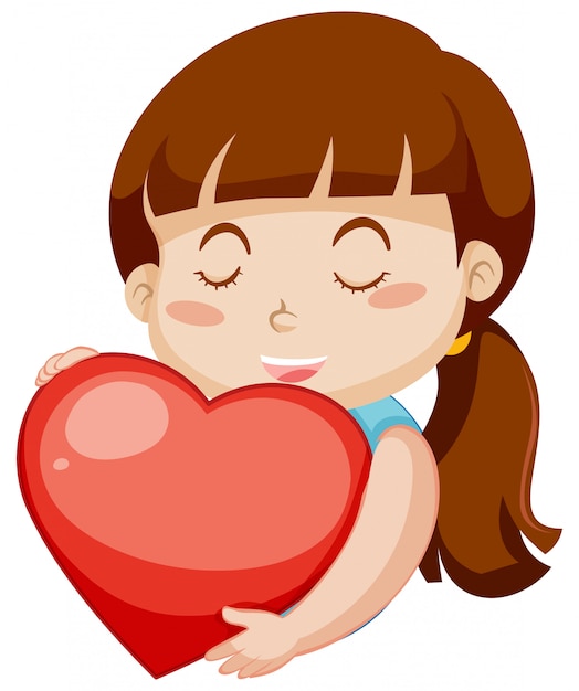 Niña feliz abrazando gran corazón rojo sobre fondo blanco