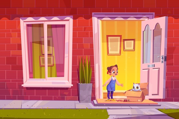 Niña feliz encuentra gatito en caja de cartón en la ilustración de dibujos animados de la puerta de casa