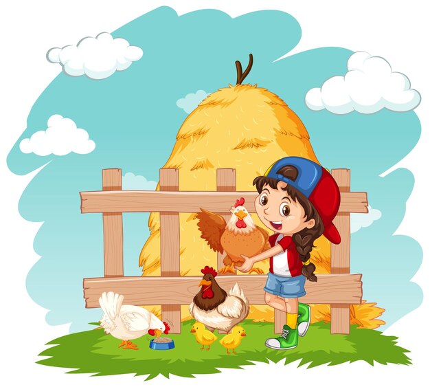 Niña feliz y gallinas en la granja.