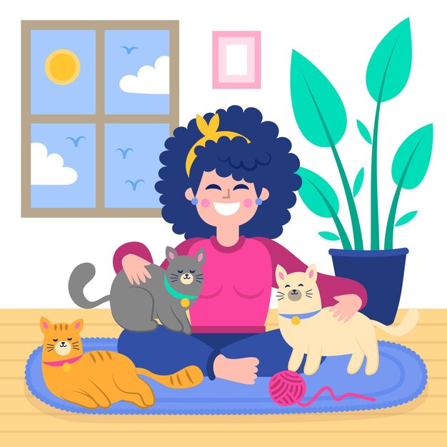 Niña feliz jugando con perros y gatos