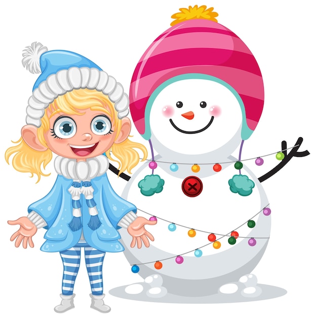 Vector gratuito niña feliz con muñeco de nieve
