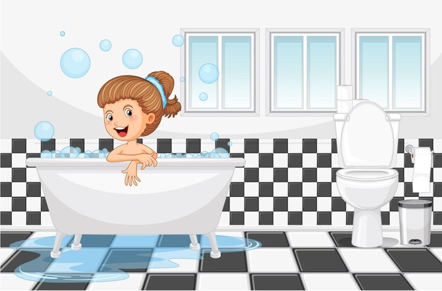Niña feliz que toma un baño