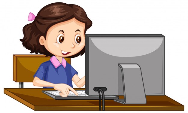 Una niña feliz trabajando en la computadora