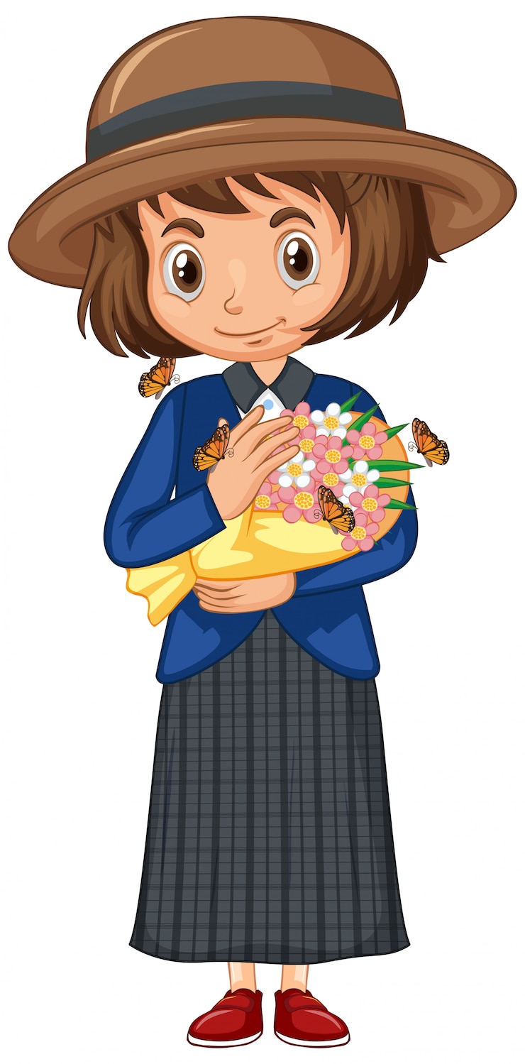 Vector gratuito niña con flores y mariposas en blanco