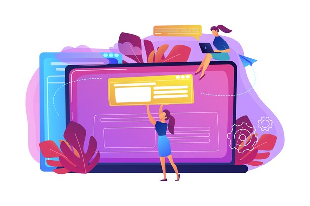Una niña hace una publicación en la ilustración de la computadora portátil grande