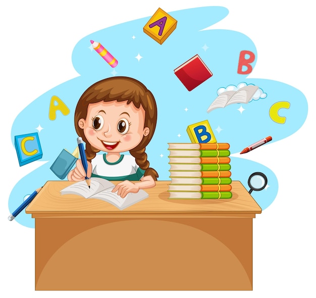 Vector gratuito una niña haciendo la tarea con libros sobre fondo blanco.