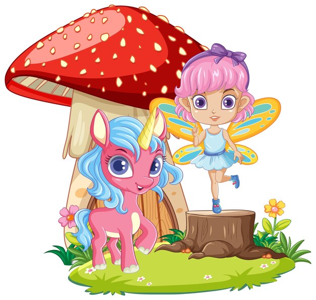 Niña Hada con Unicornio en estilo de dibujos animados