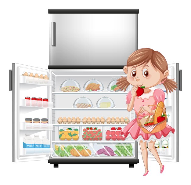 Niña hambrienta disfruta comiendo frente al refrigerador