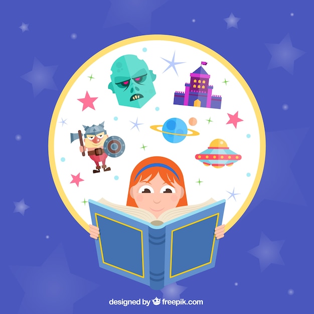 Vector gratuito niña imaginativa leyendo un libro