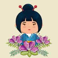 Vector gratuito niña japonesa kawaii con flores de carácter