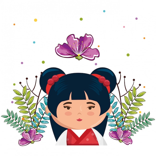 Vector gratuito niña japonesa kawaii con flores de carácter