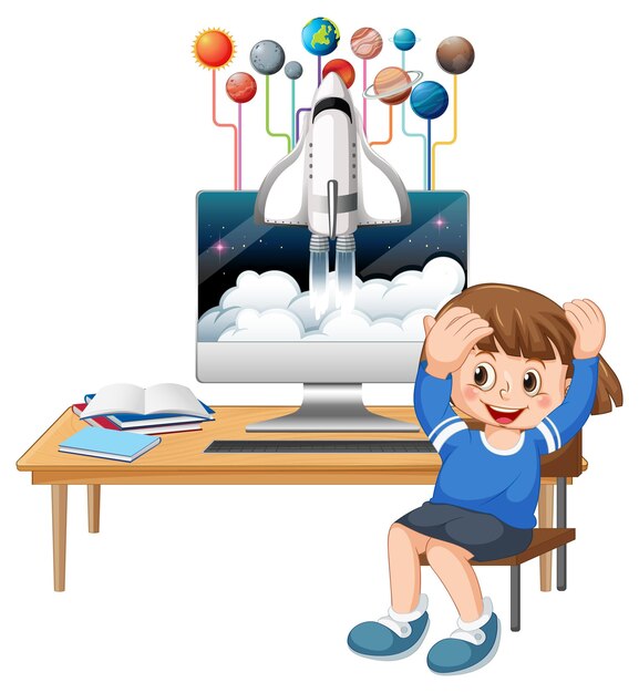 Niña joven, estudiar, delante de, computadora