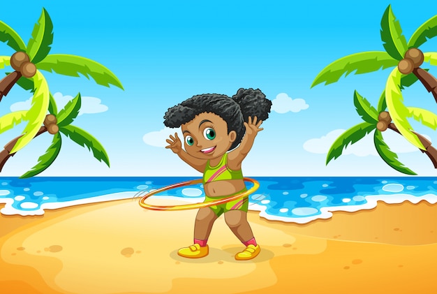 Vector gratuito una niña juega hula hoop en la playa.