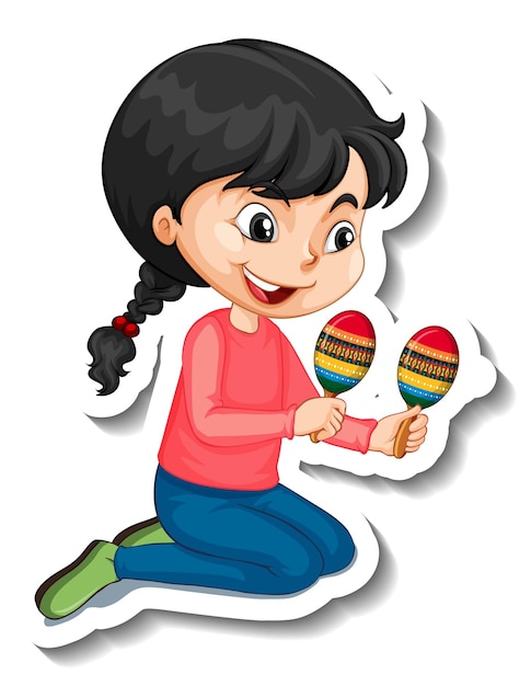 Vector gratuito una niña jugando maracas personaje de dibujos animados pegatina