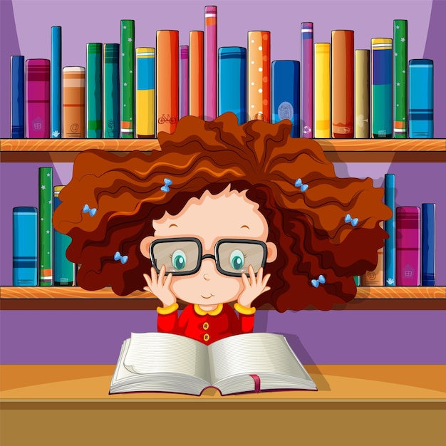 Vector gratuito una niña leyendo un libro en la biblioteca