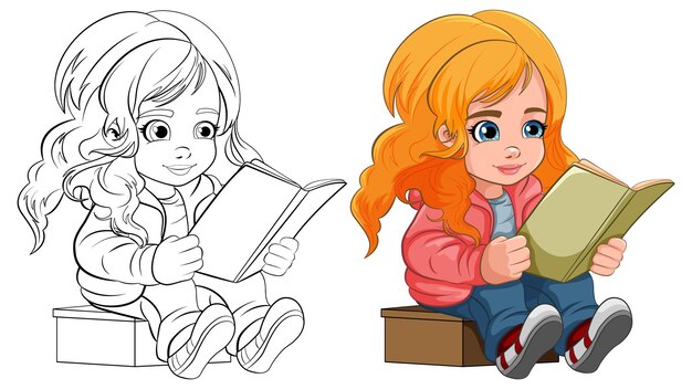 Niña leyendo un libro de dibujos animados aislado y su contorno garabateado