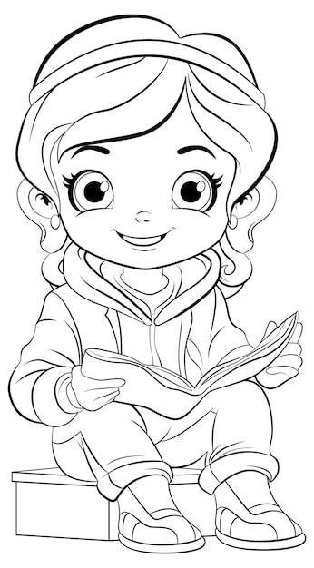 Vector gratuito niña leyendo un libro de dibujos animados con un boceto aislado