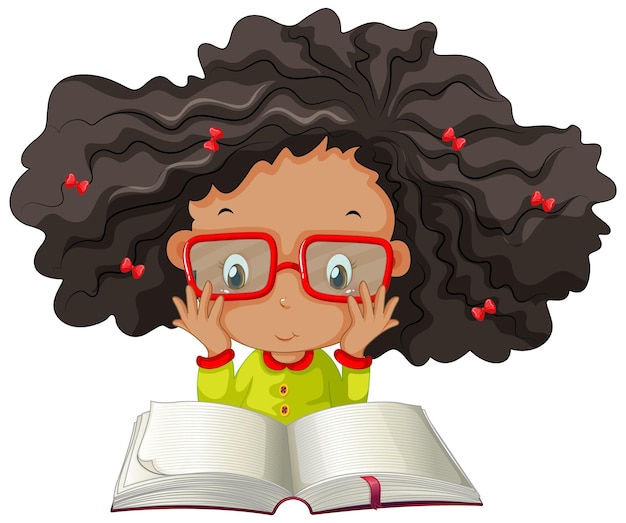 Una niña leyendo un libro sobre fondo blanco