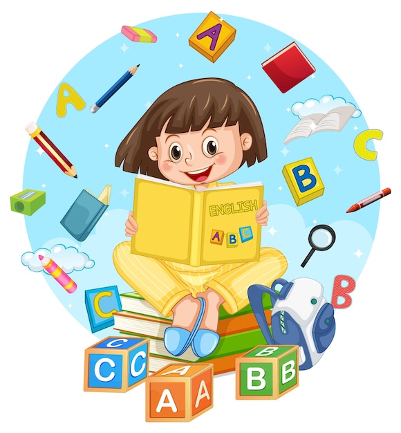Una niña leyendo libros sobre fondo blanco.