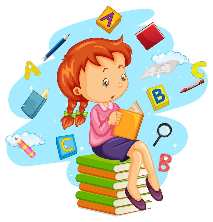 Vector gratuito una niña leyendo libros sobre fondo blanco.