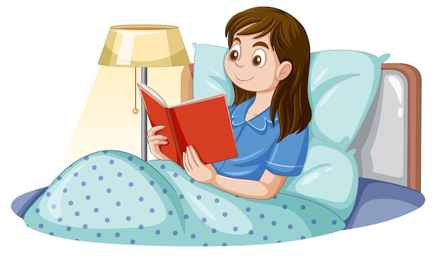 niña, libro de lectura, en cama