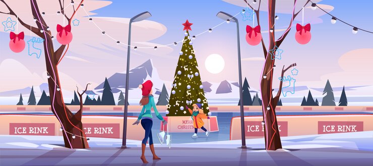 Vector gratuito niña madre en la pista de hielo de navidad con abeto
