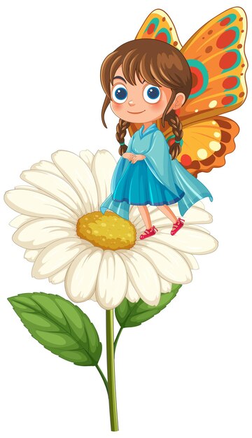 Niña mariposa en una flor de margarita