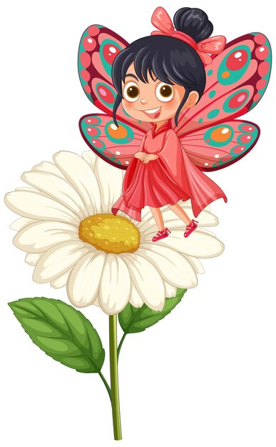 Niña mariposa en una flor de margarita