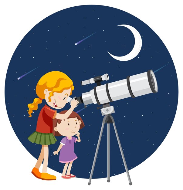 Una niña mirando a través del telescopio por la noche.