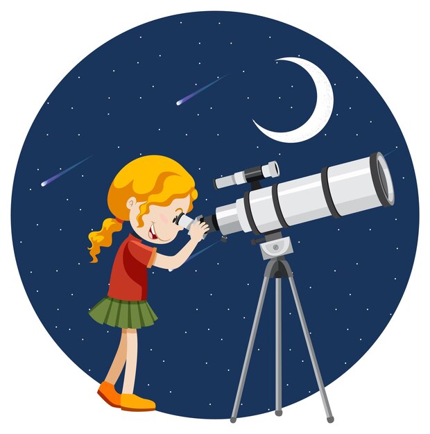 Una niña mirando a través del telescopio por la noche.